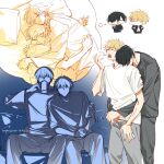  2boys arms_around_another's_waist backpack bag black_hair black_pants black_shirt chainsaw_man closed_eyes closed_mouth commentary commission cropped_legs cuddling cup denji_(chainsaw_man) ear_piercing english_commentary gakuran grey_pants head_on_another's_shoulder head_on_pillow highres holding holding_cup hug hug_from_behind imagining index_finger_raised katxx_xoxo long_sleeves looking_at_another male_focus mole mole_under_mouth morning_after multiple_boys multiple_piercings on_bed open_mouth orange_hair own_hands_clasped own_hands_together pants piercing pillow school_uniform sharp_teeth shirt short_hair short_sleeves sitting sleeping_together slice_of_life smile speech_bubble sweatpants teeth thought_bubble twitter_username white_shirt yaoi yawning yoshida_hirofumi 