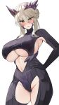  1girl absurdres artoria_pendragon_(fate) artoria_pendragon_(lancer_alter)_(fate) black_bodysuit blonde_hair blush bodysuit braid breasts center_opening commentary fate/grand_order fate_(series) hair_between_eyes highres horns large_breasts long_hair looking_at_viewer marumai navel revealing_clothes ribbed_bodysuit sidelocks solo thighs underboob yellow_eyes 