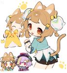  2girls :3 :d animal_ear_fluff animal_ears aqua_dress bead_necklace beads blunt_bangs blush blush_stickers bow bowtie braid braided_ponytail brooch brown_eyes brown_hair cat_ears cat_girl cat_hair_ornament cat_tail chibi china_dress chinese_clothes closed_mouth coin_hair_ornament commentary_request cowboy_shot cropped_legs double-parted_bangs dress expressionless flower genshin_impact hair_flower hair_ornament hairclip hand_on_another's_head hat hat_tassel headpat highres jewelry layered_dress long_hair long_sleeves looking_at_viewer looking_to_the_side medium_hair multiple_girls multiple_views necklace official_alternate_costume ofuda ofuda_on_head oooma_155 open_mouth paw_print purple_dress purple_eyes purple_hair purple_hat qingdai_guanmao qiqi_(genshin_impact) short_eyebrows sidelocks simple_background smile stuffed_animal stuffed_rabbit stuffed_toy tail tassel upper_body vision_(genshin_impact) white_background white_dress white_flower yaoyao_(genshin_impact) yaoyao_(rainlit_bamboo_reverie)_(genshin_impact) yellow_bow yellow_bowtie yuegui_(genshin_impact) 