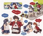  1boy 2girls ^_^ bag black_bag black_shoes black_shorts black_socks blue_eyes blue_hair blue_shorts braid brown_eyes brown_hair character_and_genderswap chinese_clothes closed_eyes closed_mouth colored_speech_bubble contemporary crossbody_bag denim denim_shorts eyewear_on_head flying_sweatdrops hands_in_pockets head_rest highres holding holding_phone holding_water_gun jacket long_hair multiple_girls phone ranma_1/2 red_hair red_jacket rolling_suitcase saotome_ranma saotome_ranma_(female) saotome_ranma_(male) shoes shorts single_braid siyer sneakers socks speech_bubble splashing squatting suitcase tank_top tendou_akane translation_request v-shaped_eyebrows water_gun white_shoes white_tank_top 