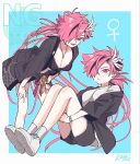  1girl black_jacket black_shorts blush breasts cleavage commentary_request fate/grand_order fate_(series) genderswap genderswap_(mtf) hair_over_one_eye highres jacket jewelry kimidorix32 large_breasts leaning_forward long_hair long_sleeves looking_at_viewer multicolored_hair multiple_views necklace open_mouth pink_hair red_eyes shirt shoes shorts smile sneakers streaked_hair takasugi_shinsaku_(fate) takasugi_shinsaku_(seaside_club)_(fate) takasugi_shinsaku_(sweets_paradise)_(fate) thighs white_shirt white_shoes 