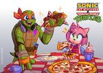  2022 amy_rose anthro arsworlds blue_eyes crossover dessert duo english_text eulipotyphlan female food furniture green_eyes hedgehog hi_res ice_cream male mammal mask michelangelo_(tmnt) open_mouth open_smile pizza reptile scalie sega signature simple_background smile sonic_the_hedgehog_(series) table teenage_mutant_ninja_turtles text turtle 