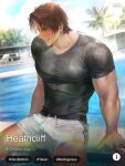  1boy bara black_shirt brown_eyes brown_hair bulge commentary day english_text heathcliff_(project_moon) highres large_pectorals limbus_company male_focus male_swimwear manly mature_male muscular muscular_arms muscular_male outdoors pectorals pool poolside project_moon scar scar_on_arm scar_on_face shirt short_hair shorts sitting sky smile solo teeth thick_eyebrows thick_thighs thighs tree uyouu19 water wet wet_clothes wet_shirt white_shorts 