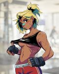  1girl beck_shiloh black_eyes black_gloves black_hair black_sports_bra blonde_hair breasts cleavage clothes_lift commentary cross_scar dark-skinned_female dark_skin english_commentary fingerless_gloves gloves hands_on_own_hips highres lifting_own_clothes light_blush medium_breasts mma_gloves multicolored_hair multiple_scars navel photo_background rumble_after_dark scar scar_on_arm scar_on_cheek scar_on_face scar_on_shoulder scar_on_stomach solo spicymancer sports_bra sports_bra_lift streaked_hair underboob upper_body 