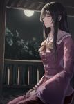  1girl bow bowtie breasts brown_eyes brown_hair closed_mouth collared_shirt commentary_request frilled_shirt_collar frills full_moon highres houraisan_kaguya kisuke1212 long_hair long_sleeves medium_breasts moon night pink_shirt red_skirt shirt sitting skirt solo touhou wide_sleeves yellow_bow yellow_bowtie 