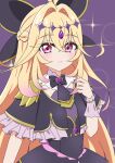  1girl anime_coloring antenna_hair arm_at_side black_bow black_bowtie black_capelet black_dress black_necktie blonde_hair bow bowtie braid brooch capelet closed_mouth commentary_request crossed_bangs cure_arcana_shadow diamond_hairband dot_nose dress flipped_bangs forehead_jewel frilled_capelet frills gem gold_trim gradient_hair hair_between_eyes hair_bow hair_intakes half_up_braid hand_up heart heart_brooch jewelry large_bow lens_flare light_blush long_hair looking_at_viewer magical_girl meitantei_precure! multicolored_hair necktie official_style precure purple_background purple_gem purple_wrist_cuffs red_eyes simple_background solo upper_body very_long_hair wanigi wrist_cuffs 