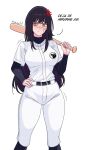  absurdres artist_name baseball_bat baseball_uniform belt black_hair chainsaw_man gratam highres long_hair long_sleeves orange_eyes pants pochita_(chainsaw_man) ringed_eyes scar scar_on_cheek scar_on_face scar_on_nose shirt sidelocks spanish_text sportswear watermark white_belt white_pants white_shirt yoru_(chainsaw_man) 