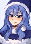  1girl blue_background blue_capelet blue_eyes blue_hair blue_hat blush capelet closed_mouth commentary english_commentary fairy_tail fur-trimmed_capelet fur-trimmed_headwear fur_trim hair_between_eyes hat highres juvia_lockser long_hair long_sidelocks looking_at_viewer moonyuwwn sidelocks smile solo 