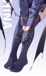  1girl black_coat black_gloves black_thighhighs blue_archive character_name chinese_commentary coat commentary_request demon_girl demon_wings feet fine_fabric_emphasis foot_focus gloves highres hina_(blue_archive) long_sleeves low_wings lower_body painterliuhao solo thighhighs toes wings 