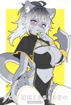  1girl ahoge animal_ear_fluff animal_ears blush bracelet breasts commentary commission cross cross_necklace crossed_bangs english_commentary furry furry_female gradient_hair grey_hair hair_between_eyes hand_up highres jewelry large_breasts long_hair looking_at_viewer mo_(k40633) multicolored_hair navel necklace original pelvic_curtain pink_eyes ponytail simple_background snout solo stomach tail thick_eyebrows thighhighs thighs tongue tongue_out white_thighhighs yellow_background 