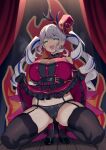  1girl aqua_eyes bare_shoulders belt belt_buckle black_background black_belt black_thighhighs blue_eyes blush breasts buckle buttons ceiling_light chest_belt commentary_request commission covered_collarbone curtains dress drill_hair earrings flashing frilled_dress frills garter_straps glowing glowing_eyes gold_trim groin halter_dress halterneck hat high_heels highres holding_own_dress hololive hololive_indonesia indoors jewelry kangbus lace-trimmed_panties lace_trim large_breasts legs long_hair looking_at_viewer mini_hat multicolored_hair open_mouth panties pavolia_reine shoes smile solo squatting steam thighhighs thighs tongue twin_drills twintails underwear upper_body very_long_hair vgen_commission white_hair white_panties wooden_floor 
