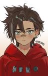  1boy aged_down artist_name bandaid bandaid_on_face bandaid_on_nose brown_hair closed_mouth commentary_request dark-skinned_male dark_skin earrings forbartz_xylo highres hood hoodie jewelry male_focus multicolored_hair natsuhiro neck_tattoo red_hoodie scar scar_across_eyebrow scar_on_face short_hair solo straight-on streaked_hair tattoo yellow_eyes yuushakei_ni_shosu 