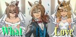  3girls aggytachyon agnes_tachyon_(umamusume) ahoge animal_ears black_jacket blue_vest blush bouquet bow bowtie breasts bridal_veil bride brown_hair cleavage closed_mouth collarbone collared_shirt commentary crying crying_with_eyes_open dress elbow_gloves english_commentary english_text gloves groom hair_between_eyes happy_tears highres holding holding_bouquet horse_ears horse_girl jacket jungle_pocket_(umamusume) long_sleeves looking_at_viewer medium_hair multiple_girls nakayama_festa_(umamusume) open_mouth polygamy purple_eyes red_bow red_bowtie red_eyes shirt smile standing tears umamusume veil vest waistcoat white_dress white_shirt wife_and_wife_and_wife yuri 