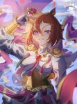  1girl absurdres animal_ears armor blue_sky blush breasts cape cloud commentary_request confetti crown fingerless_gloves gloves gold_corset grin hair_between_eyes highres horse_ears horse_girl horse_tail huwarea_irsuto jewelry long_sleeves looking_at_viewer medium_breasts mini_crown open_mouth orange_hair orange_tail pink_cape pink_crown purple_eyes revision shirt short_hair shoulder_armor single_fingerless_glove skirt sky smile solo sweat t.m._opera_o_(o_sole_suo!)_(umamusume) t.m._opera_o_(umamusume) tail teeth two-tone_skirt umamusume white_shirt 