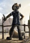  anthro badge blue_eyes boomerang boots bottomwear building cactus canid canine clothing cloud cowboy_hat desert fencepost fluffy fluffy_tail footwear fox fur hat headgear headwear hi_res house looking_up male mammal orange_body orange_fur pants plant poker_(artist) red_fox rope solo todd_hayseed white_body white_fur 