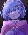  1girl blue_eyes blue_hair capelet center_frills closed_mouth collared_shirt commentary_request frills kaedemarine looking_at_viewer pink_capelet re:zero_kara_hajimeru_isekai_seikatsu rem_(re:zero) shirt short_hair smile solo white_shirt 