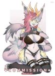  1girl :d absurdres animal_ears black_bra black_panties black_thighhighs bra breasts commentary commission dragon_horns english_commentary finger_to_mouth full_body furry furry_female glowing glowing_eyes hands_up highres horns large_breasts long_hair looking_at_viewer mo_(k40633) multiple_horns navel navel_piercing o-ring o-ring_bottom o-ring_panties open_mouth original panties piercing pink_hair shushing simple_background sitting smile solo stomach tail thighhighs thighs underwear wariza yellow_eyes 