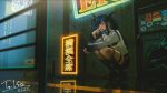 1girl absurdres black_hair blue_eyes blue_hair blue_nails cigarette earrings eigoni fishnet_socks fishnets head_wings heterochromia high_heels highres holding holding_cigarette hoop_earrings indie_virtual_youtuber isaa_corva jacket jewelry long_hair mole mole_under_eye multicolored_hair neon_lights night orange_eyes outdoors reflective_floor smoking socks squatting streaked_hair thigh_strap thighs trash_bag urban virtual_youtuber white_jacket wings 