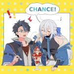  ! !! 1boy 1girl bare_shoulders beads black_hair blue_eyes blue_jacket blue_necktie blue_ribbon blue_streaks border bridal_gauntlets closed_eyes commentary crossed_bangs dog_tags double-parted_bangs eating eighth_note eiyuu_densetsu english_text food food_on_face fur_collar hair_between_eyes hair_ribbon half_updo highres holding holding_spoon ice_cream jacket kuro_no_kiseki_(series) kuro_no_kiseki_ii loose_clothes loose_necktie midriff_peek multicolored_hair musical_note necktie open_clothes open_jacket open_mouth outside_border prayer_beads ribbon rope sakuraihum shimenawa shizuna_rem_misurugi short_hair simple_background speech_bubble spoon streaked_hair sundae surprised sweatdrop tongue tongue_out two-tone_hair untranslatable_commentary v-shaped_eyebrows van_arkride white_background windbreaker yellow_border 