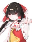  1girl ascot black_hair bow commentary frilled_bow frilled_hair_tubes frills hair_bow hair_tubes hakurei_reimu highres holding holding_ofuda k1sarag1_27 long_hair looking_at_viewer nontraditional_miko ofuda pointing pointing_at_viewer red_bow red_eyes red_shirt ribbon-trimmed_sleeves ribbon_trim shirt simple_background solo touhou upper_body white_background wide_sleeves yellow_ascot 