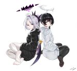  2girls absurdres alternate_costume alternate_hairstyle black_hair black_halo black_hoodie black_pantyhose blue_archive closed_mouth commentary_request demon_girl demon_horns demon_wings forehead grey_eyes grey_hair grey_halo halo highres hina_(blue_archive) hood hoodie horns kisaki_(blue_archive) multicolored_halo multiple_girls no_shoes pantyhose ponytail purple_eyes purple_halo shangdi_de_fa_zhang short_hair soles twintails two-tone_halo very_short_hair white_hoodie white_pantyhose wings 