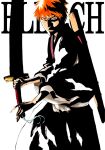  1boy black_hakama black_kimono bleach brown_eyes closed_mouth commentary copyright_name cowboy_shot fighting_stance hair_between_eyes hakama highres holding holding_sword holding_weapon japanese_clothes ken'ichi_(ken1ro_u) kimono kubo_tite_(style) kurosaki_ichigo long_sleeves looking_at_viewer male_focus nose obi official_style orange_hair sash serious sheath short_hair sidelighting simple_background solo spiked_hair sword v-shaped_eyebrows weapon white_background white_sash wide_sleeves 