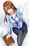  1girl black_pantyhose blue_eyes blue_necktie blue_skirt blunt_bangs book breasts brown_hair center-flap_bangs cleavage collarbone collared_shirt commentary_request double-parted_bangs feet_out_of_frame grimoire hair_between_eyes hair_ornament hair_tie hand_on_book kirisimaerisu long_hair long_sleeves looking_at_viewer loose_necktie lyrical_nanoha mahou_shoujo_lyrical_nanoha_strikers medium_breasts necktie on_bed open_mouth pantyhose pencil_skirt shirt sidelocks sitting skirt smile solo tome_of_the_night_sky x_hair_ornament yagami_hayate 