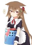  1girl absurdres animal_ear_fluff animal_ears apron black_dress black_sleeves bow bra brown_hair closed_mouth collared_shirt commentary_request detached_sleeves dress dress_shirt hair_between_eyes hair_bow highres laundry laundry_basket long_hair long_sleeves looking_at_viewer maid multicolored_hair nyaha original pink_bra pleated_dress ponytail puffy_short_sleeves puffy_sleeves red_bow red_eyes shirt short_sleeves simple_background solo streaked_hair tail translation_request underwear unworn_bra very_long_hair white_apron white_background white_shirt 