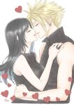  1boy 1girl bare_arms bare_shoulders black_hair black_shirt black_vest blonde_hair breasts closed_eyes cloud_strife commentary_request couple earrings face-to-face facing_another fenrir_(final_fantasy) final_fantasy final_fantasy_vii final_fantasy_vii:_advent_children from_side hand_on_another's_chest hand_on_another's_waist heart hetero highres imminent_kiss jewelry large_breasts lips long_hair nina_(clo1997131) parted_lips pink_lips popped_collar profile ring shirt short_hair signature sleeveless sleeveless_shirt spiked_hair tifa_lockhart upper_body vest 