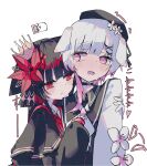  2girls beret black_capelet black_choker black_coat black_hair black_hat black_shirt capelet choker coat collared_coat collared_shirt commentary crown flower foopy gloves gradient_hair hair_flower hair_ornament hat hat_flower hat_ribbon highres hug kemonomimi_mode long_hair long_sleeves mahou_shoujo_no_majo_saiban multicolored_hair multiple_girls neck_ribbon necktie nikaido_hiro pink_eyes pink_hair pleated_capelet red_eyes red_necktie ribbon sakuraba_ema shirt short_hair side_capelet simple_background sleeveless sleeveless_coat untranslatable_commentary white_background white_gloves white_hair white_ribbon white_shirt x_hair_ornament yuri 