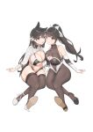  2girls absurdres animal_ears atago_(azur_lane) atago_(stunning_speedster)_(azur_lane) azur_lane bangs bikini black_bikini black_hair black_pantyhose black_thighhighs bodystocking bow breasts cleavage_cutout clothing_cutout dog_ears elbow_gloves extra_ears fingerless_gloves gloves hair_ears hair_flaps highres invisible_chair large_breasts long_hair looking_at_viewer mole mole_under_eye multicolored_leotard multiple_girls navel_cutout pantyhose ponytail race_queen ribbon shrug_(clothing) simple_background sitting sleeve_cuffs swept_bangs swimsuit takao_(azur_lane) takao_(full_throttle_charmer)_(azur_lane) thighhighs two-tone_bikini two-tone_leotard white_background white_bow white_gloves white_ribbon wrist_cuffs xinsaki 