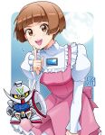  1girl bowieknife brooch brown_eyes brown_hair chibi clenched_hand commentary_request cowboy_shot dress frilled_dress frills full_moon green_eyes gundam hand_up highres holding holding_shield index_finger_raised jewelry juliet_sleeves leaning_forward long_sleeves looking_at_viewer moon notice_lines open_mouth pink_dress puffy_sleeves sd_gundam shield short_hair signature smile sochie_heim standing teeth turn_a_gundam turn_a_gundam_(mobile_suit) upper_teeth_only white_sleeves 