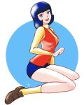  1girl absurdres aobito_sukoyaka_bystander black_hair blue_eyes brown_shoes commentary_request fa_yuiry gundam happy highres kneeling looking_at_viewer open_mouth shoes shorts signature smile socks turtleneck vest yellow_socks zeta_gundam 