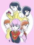  1980s_(style) 1boy 1other 5girls absurdres aeug aobito_sukoyaka_bystander black_hair blue_eyes brown_hair commentary_request disembodied_hand earrings emma_sheen fa_yuiry faux_retro_artstyle gift green_eyes gundam highres holding_another's_wrist jewelry mecha_pilot_suit military_rank_insignia military_uniform multiple_girls one_eye_closed orange_hair paptimus_scirocco pink_hair reccoa_londe retro_artstyle sarah_zabiarov scene_reference science_fiction signature sydle titans_(gundam) zeta_gundam 