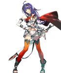  1girl ahoge alternate_costume bare_shoulders breasts capelet fingerless_gloves fire_emblem fire_emblem:_path_of_radiance fire_emblem:_radiant_dawn fire_emblem_heroes full_body gloves hair_ornament hairband highres long_hair medium_breasts mia_(fire_emblem) non-web_source official_art simple_background solo sword tank_top taroji thighhighs toeless_footwear toeless_legwear toes transparent_background weapon 