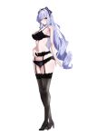  1girl absurdres black_bra black_garter_belt black_panties black_shoes black_thighhighs bow bra breasts commentary drill_hair full_body garter_belt highres lace-trimmed_bra lace-trimmed_garter_belt lace-trimmed_panties lace_trim long_hair looking_at_viewer meaowtakhe medium_breasts navel panties pointy_ears purple_hair red_eyes shoes simple_background solo standing stomach tachi-e thighhighs twin_drills underwear vivian_banshee white_background zenless_zone_zero 
