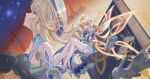  1girl absurdres arms_under_breasts bare_shoulders blonde_hair blue_eyes book breasts chinese_commentary closed_mouth commentary_request detached_sleeves dress energy_wings facial_mark forehead_mark full_body genshin_impact god_hunter gold_halo hat highres long_hair long_sleeves looking_at_viewer looking_up nicole_(genshin_impact) no_shoes pantyhose pointy_ears projected_inset side_slit smile solo star_(symbol) star_facial_mark very_long_hair white_dress white_hat white_pantyhose white_sleeves 