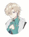  1boy absurdres aqua_shirt artist_name aventurine_(honkai:_star_rail) belt belt_collar black_belt cleavage_cutout closed_mouth clothing_cutout collar commentary_request cropped_torso earrings eyes_visible_through_hair fur_trim hair_over_one_eye heart_cutout highres honkai:_star_rail honkai_(series) jewelry looking_at_viewer male_focus neck_tattoo parted_bangs purple_eyes shirt short_hair simple_background single_earring smile solo sun_lythrum tattoo white_background 