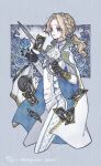  0sea0dove 1boy argyle_cape argyle_clothes black_gloves blonde_hair blue_cape blue_eyes blue_flower blue_rose blue_trim braid cape character_name closed_mouth commentary_request contrast_lapels cropped_legs crown_braid curtained_hair expressionless fencing_suit floating_card flower gloves grey_background helmet highres holding holding_flower holding_sword holding_weapon identity_v jacket joseph_desaulniers joseph_desaulniers_(en_ligne) lapels leaf_print long_hair long_sleeves looking_at_flowers low_ponytail male_focus official_alternate_costume outside_border pants parted_bangs photo_(object) ponytail rose simple_background sleeve_cuffs solid_eyes solo standing sword two-sided_cape two-sided_fabric unworn_clothes unworn_headwear unworn_helmet weapon white_cape white_jacket white_pants 