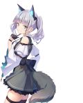  1girl :d absurdres animal_ear_fluff animal_ears asymmetrical_legwear back_bow bare_shoulders black_bow black_dress black_gloves black_thighhighs blunt_bangs bow commentary_request cowboy_shot detached_sleeves dress extra_ears eyelashes frilled_dress frills from_side gloves green_eyes grin hair_bow hair_over_shoulder half_gloves hand_up heaven_burns_red highres index_finger_raised japanese_clothes lolita_fashion long_sleeves looking_at_viewer medium_hair mismatched_legwear multicolored_hair netarou_(shinra) official_alternate_costume short_dress simple_background skindentation sleeveless sleeveless_dress smile solo streaked_hair sugawara_chie sugawara_chie_(feral_insanity) tail thigh_strap thighhighs twintails white_background wide_sleeves wolf_ears wolf_girl wolf_tail 