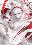  1girl absurdres arcaea bandaged_arm bandaged_leg bandages bare_shoulders closed_mouth colored_eyelashes colored_skin cross-laced_clothes cross-laced_dress doro-c dress hair_between_eyes hand_on_headphones hardcore_tano-c headphones highres long_hair looking_at_viewer red_eyes solo strapless strapless_dress white_background white_dress white_eyelashes white_hair white_skin xettia 