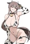  1girl animal_ear_hairband animal_ears animal_print arm_up armpits bell bikini blush breasts brown_eyes brown_hair cleavage cow_ear_hairband cow_ears cow_horns cow_print cow_print_bikini cow_print_gloves cow_print_thighhighs cow_tail cowbell ear_tag fake_animal_ears fake_horns gloves hairband hand_on_own_thigh highres horns large_breasts long_hair looking_at_viewer navel neck_bell original partially_visible_vulva print_bikini print_gloves print_thighhighs smile solo swimsuit tail thighhighs thong thong_bikini twin_(tt_lsh) 
