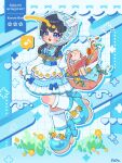  1girl :d artist_request basket black_hair blue_eyes blue_shoes blue_skirt blush_stickers bobby_socks character_name commentary_request dotted_line eighth_note english_text feathered_wings food full_body grid_background head_wings high_heels highres holding holding_basket indie_virtual_youtuber kurata_rine_(vtuber) long_hair long_sleeves musical_note plaid_clothes plaid_skirt puffy_long_sleeves puffy_sleeves sandwich second-party_source shirt shoes signature skirt sleeves_past_wrists smile socks solo spoken_musical_note standing standing_on_one_leg virtual_youtuber white_shirt white_socks white_wings wings 