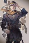  1boy adjusting_clothes adjusting_headwear arisaka backpack bag belt belt_buckle black_hair blue_belt blue_coat bolt_action buckle buttons closed_mouth coat commentary_request cowboy_shot double-breasted floral_background golden_kamuy gun hat highres holding holding_gun holding_weapon kepi looking_at_viewer male_focus military_hat peaked_cap pouch rifle scar scar_on_arm scar_on_cheek scar_on_face scar_on_mouth scarf short_hair simple_background sleeves_rolled_up solo standing star_(symbol) sugimoto_saichi w55674570w weapon yellow_eyes yellow_scarf 