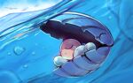  =_(9_yawbus) air_bubble bubble clamperl closed_eyes commentary_request day full_body highres no_humans partially_underwater_shot pokemon pokemon_(creature) silhouette sleeping u_u water wingull 