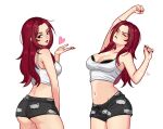  1girl anneecherry armpits artist_logo ass bikini black_bikini black_eyes black_hair blowing_kiss bra breasts cleavage closed_eyes commentary crop_top from_behind heart highres lips logo long_hair looking_back medium_breasts midriff mole mole_on_breast mole_under_mouth navel original pajamas red_hair red_nails sheep shiny_skin shorts smile solo stretching swimsuit underwear untranslatable_commentary 