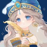  1girl :o arabian_clothes bar_stool bare_shoulders blue_background blue_dress blue_eyes blue_sleeves blue_turban braid brown_hair chinese_commentary commentary_request constellation_print dress earrings expressionless eyelashes gold_earrings gold_necklace hat_feather holding holding_quill jewelry light_blush long_hair moonlit_trek_(shining_nikki) necklace nikki_(series) open_mouth print_headwear quill shining_nikki side_braid single_braid solo sparkle starry_sky_print stool strapless strapless_dress tareme turban upper_body very_long_hair xiaoyu_qixing 