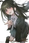  1girl awa_subaru black_hair black_jacket black_shoes collared_shirt commentary diagonal-striped_clothes diagonal-striped_necktie girls_band_cry grey_skirt gyaru_v hair_ribbon highres jacket long_hair necktie nnlynekooo open_mouth plaid_clothes plaid_skirt pleated_skirt purple_eyes ribbon school_uniform shirt shoes simple_background skirt solo striped_clothes striped_necktie untranslatable_commentary v white_background white_ribbon white_shirt 