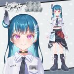  1girl bike_shorts black_boots blue_hair blush boots character_name choker closed_mouth commentary_request earrings english_text feathers hair_ornament highres jewelry logo long_sleeves looking_at_viewer love_live! love_live!_sunshine!! midriff multicolored_hair necktie official_art pentagram pink_eyes puffy_sleeves purple_eyes shorts simple_background smile standing star_(symbol) tsushima_yoshiko white_hair wings 