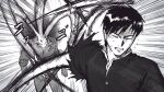  buttons character_request commentary duel emphasis_lines gakuran greyscale highres izumi_shin'ichi jaylan kiseijuu male_focus meme migi_(kiseijuu) monochrome naoya_hitting_choso_without_looking_(meme) school_uniform short_hair simple_background torn_clothes white_background 